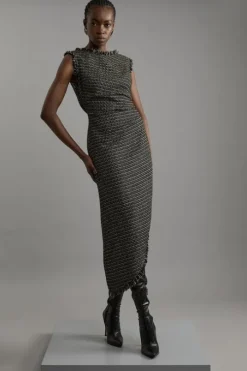 Metallic Boucle Tailored Ruched Midi Dress