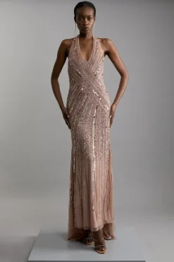 Metallic Embellished And Beaded Halter Maxi Dress