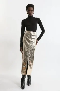 Metallic Faux Leather Midi Skirt