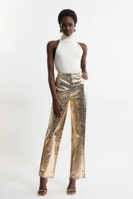 Metallic Faux Leather Straight Pants