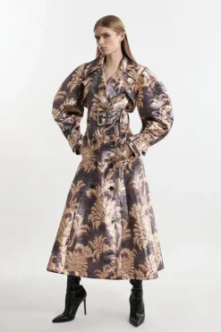 Metallic Floral Tailored Trench Maxi Coat