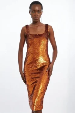 Metallic Sequin Strappy Woven Column Midi Dress