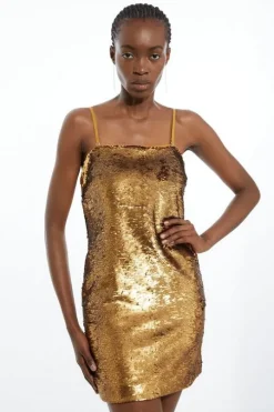 Metallic Sequin Strappy Woven Column Mini Dress