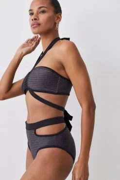 Metallic Shimmer Halter Neck Strap Detail Bikini set