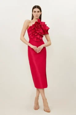 Metallic Taffeta Rosette Midi Off The Shoulder Dress