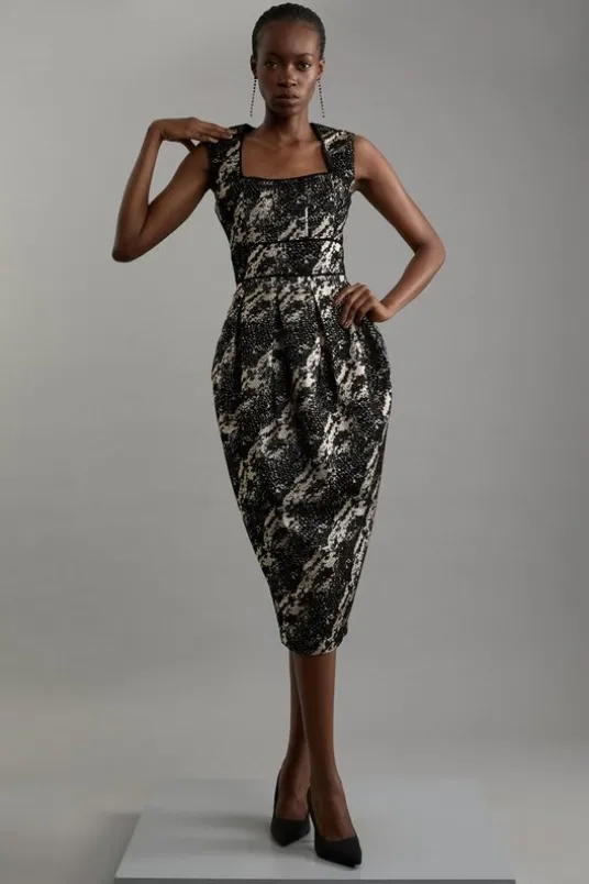 Metallic Velvet Jacquard Tailored Square Neck Midi Dress
