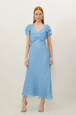 Metallic Viscose Georgette Angel Sleeve Maxi Dress