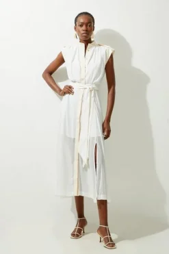 Military Mono Sleeveless Belted Woven Midi Dress