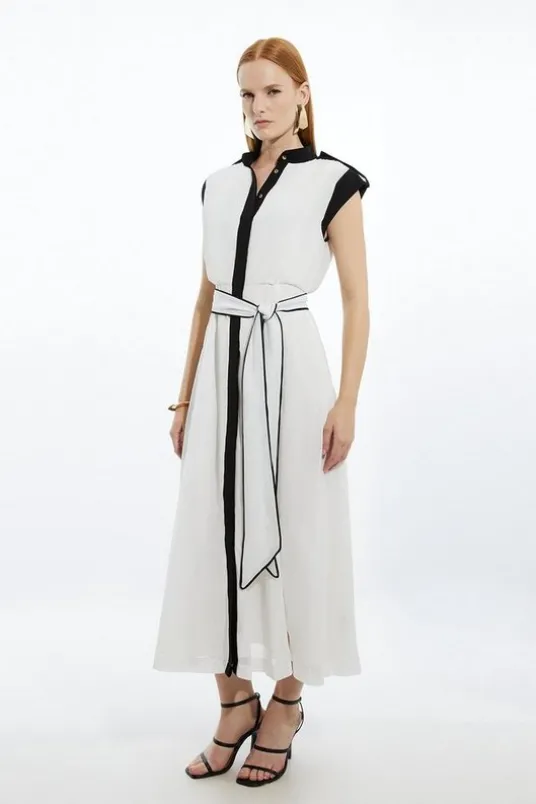 Military Mono Sleeveless Belted Woven Midi Dress