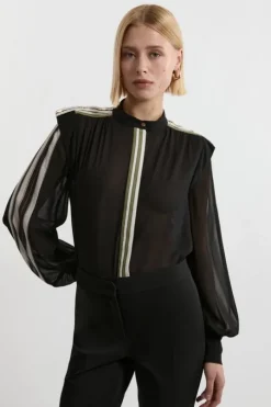 Military Mono Striped Balloon Sleeve Shirt