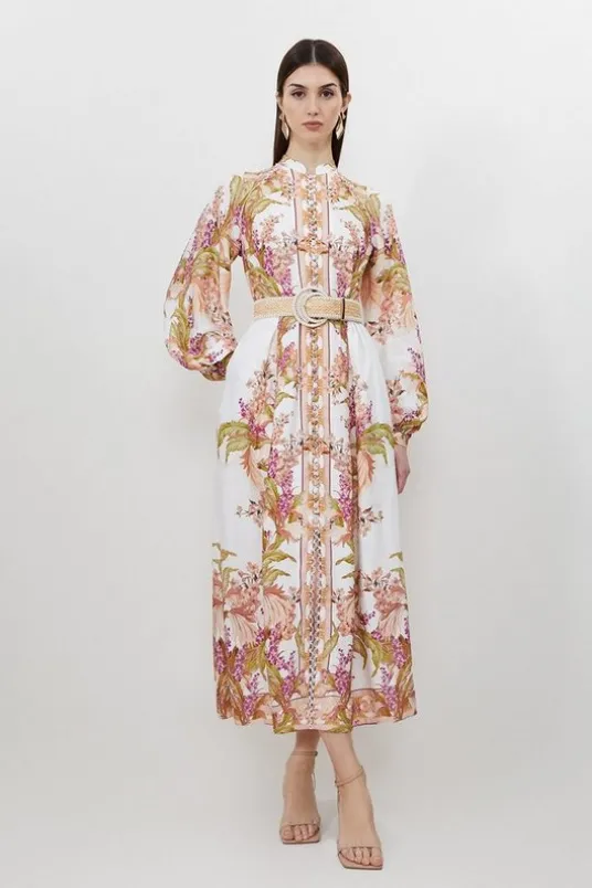 Mirrored Floral Viscose Linen Button Down Midi Dress