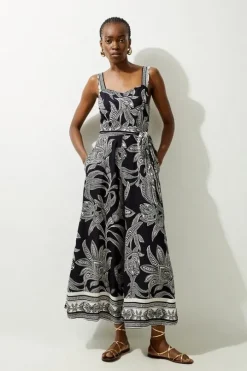 Mono Floral Printed Viscose Woven Strappy Jumpsuit