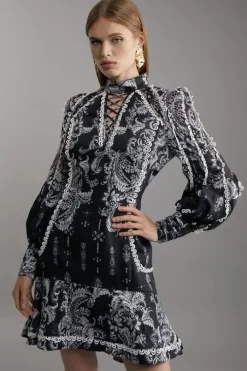 Mono Floral Woven High Neck Mini Dress