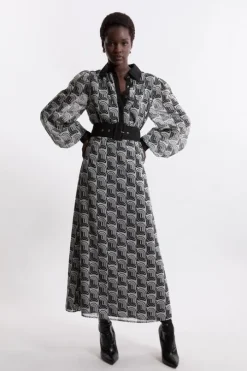 Mono Print Belted Woven Maxi Dress