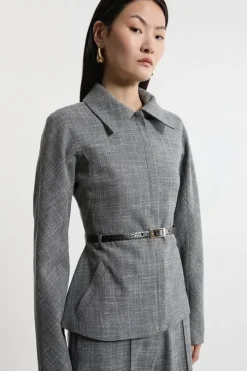 Mono Texture Belted Collared Tailored Jacket