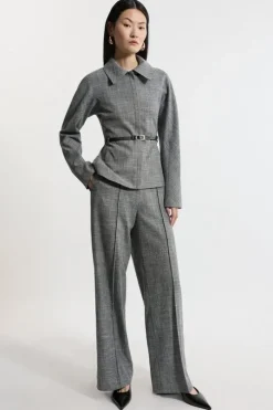 Mono Textured High Waist Wide Leg Dress Pants