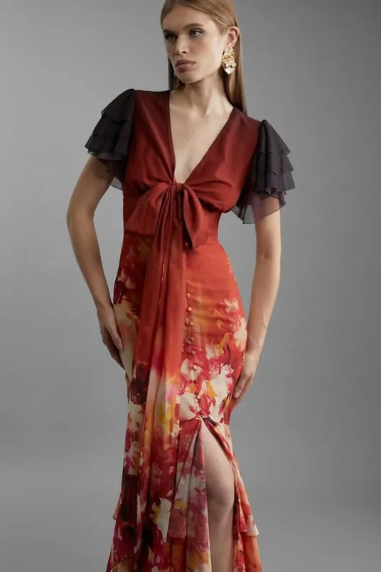 Ombre Floral Ruffle Sleeve Button Through Maxi Dress