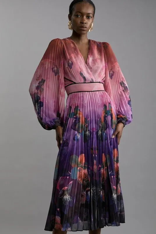 Ombre Floral Soft Pleated Long Sleeve Maxi Dress