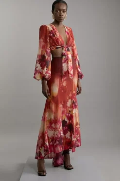 Ombre Floral Woven Crinkle Maxi Skirt