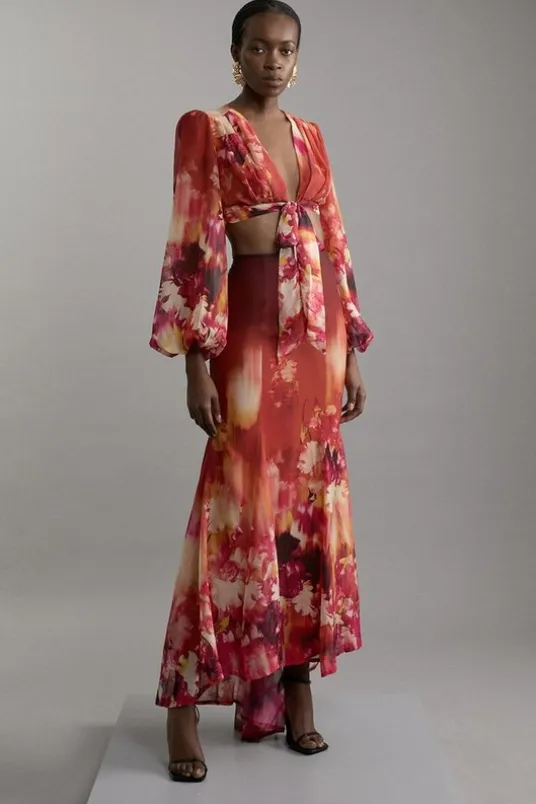 Ombre Floral Woven Crinkle Maxi Skirt