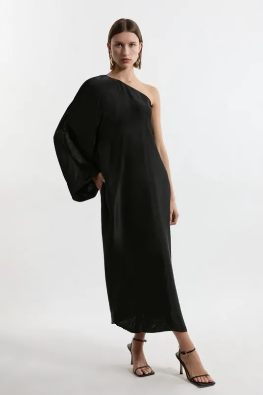 One Shoulder Draped Satin Woven Midaxi Dress