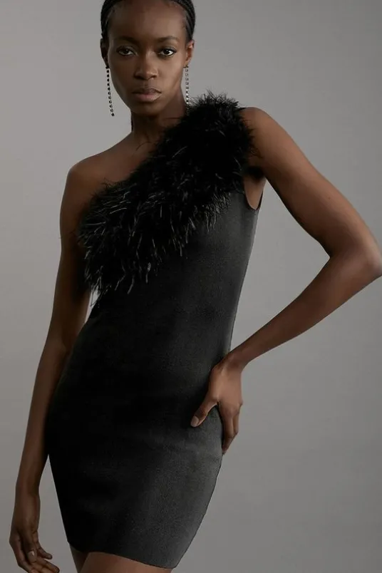 One Shoulder Feather Detail Viscose Blend Knit Mini Dress