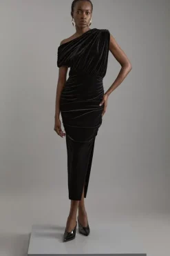 One Shoulder Jersey Draped Midi Dress
