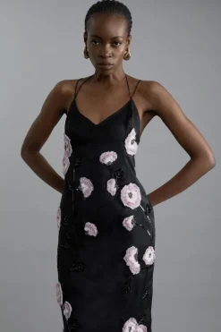 Organdie And Lace Applique Woven Strappy Maxi Dress