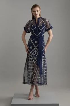 Organdie Crystal Embellished Tie Waist Woven Maxi Dress