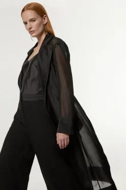Organza And Satin Mix Tailored Sheer Trench Coat