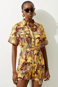 Paisley Viscose Linen Belted Woven Romper