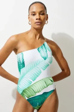 Palm Print One Shoulder Cut Out Swimsuit