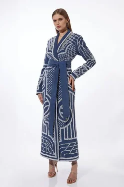 Pearl Embellished Woven Denim Maxi Blazer Dress