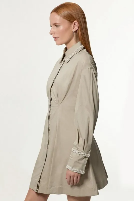 Pearl Trim Cotton Full Skirt Mini Dress