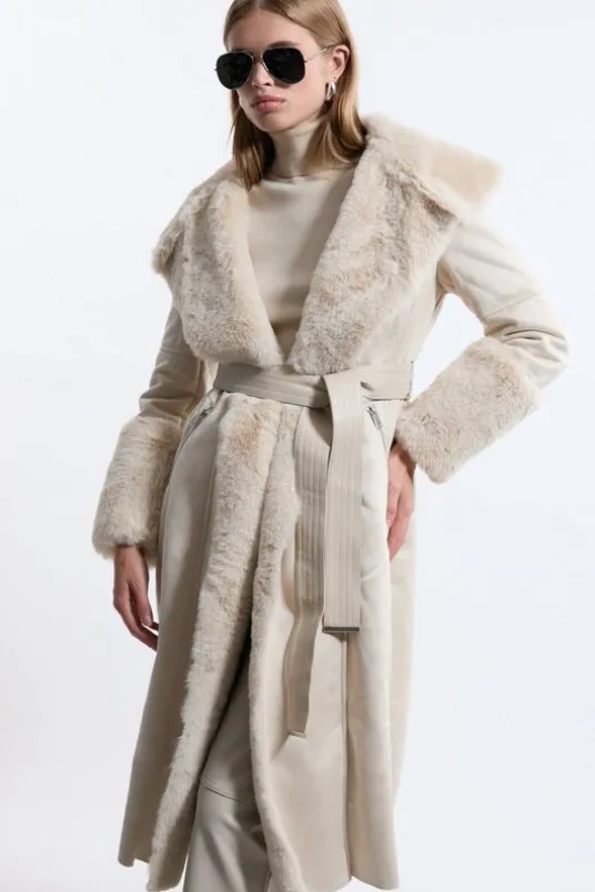 Petite Faux Shearling Collar & Cuff Belted Long Coat