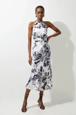 Petite Abstract Floral Satin Woven Halter Midi Dress