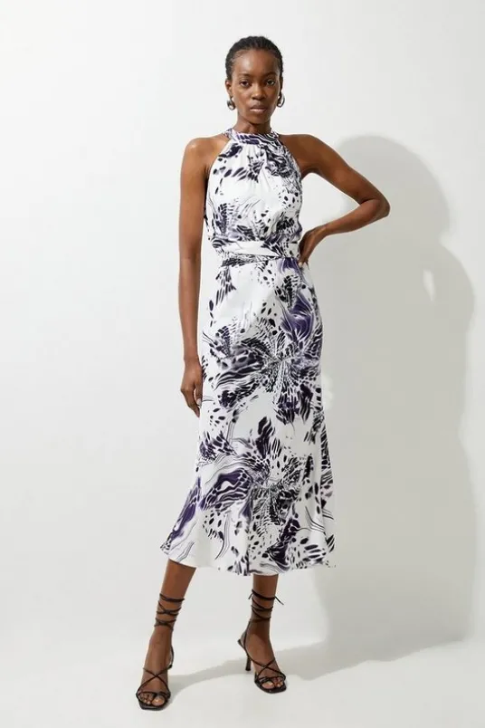 Petite Abstract Floral Satin Woven Halter Midi Dress