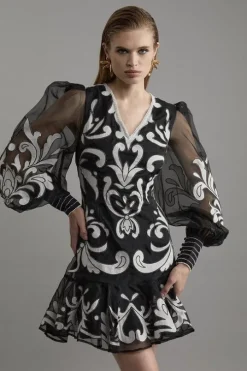 Petite Applique Organdie Buttoned Woven Mini Dress