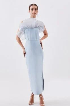 Petite Bandage Figure Form Knit Organza Frill Midaxi Dress