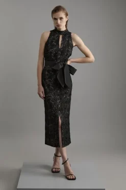 Petite Beaded Textured Lace Halter Woven Maxi Dress