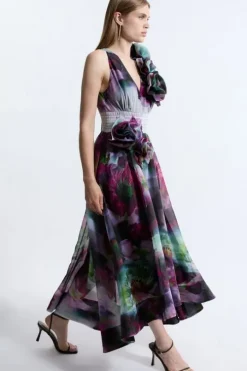 Petite Blurred Floral Organdie Rosette Detail Midaxi Dress