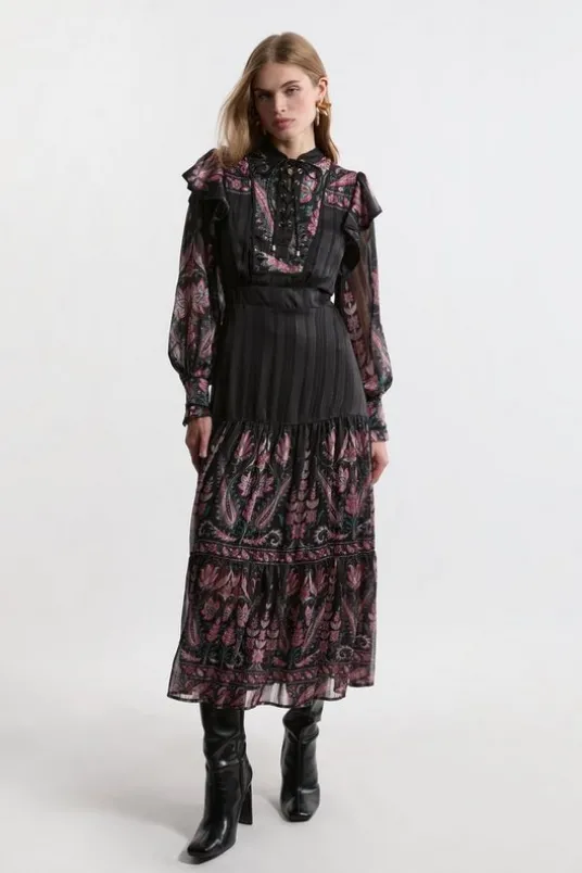 Petite Boho Floral Woven Maxi Dress With Lace Front Detail