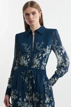 Petite Border Print Viscose Piped Woven Shirt Balloon Sleeve Shirt