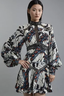 Petite Butterfly Print Lace Insert Trim Woven Mini Dress