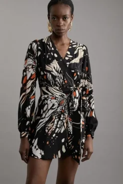 Petite Butterfly Print Viscose Crepe Woven Wrap Mini Dress