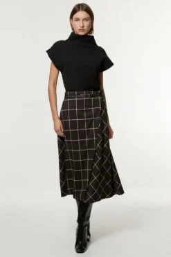 Petite Check Pleated Kilt Belted Midi Skirt