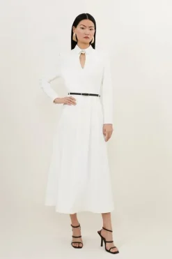 Petite Clean Tailored Pleat Detail Full Skirted Shirt Dress