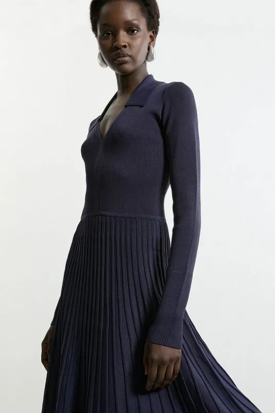 Petite Collared Contrast Color Block Full Skirted Midaxi Knit Dress