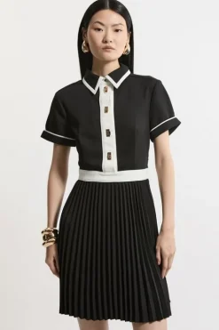 Petite Color Block Twill Pleat Skirt Woven Mini Dress