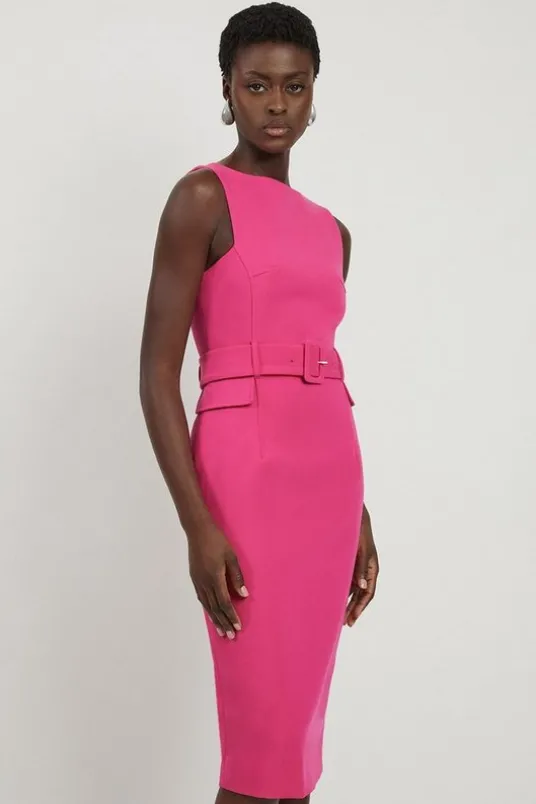 Petite Compact Stretch Belted Tailored Midi Pencil Dress